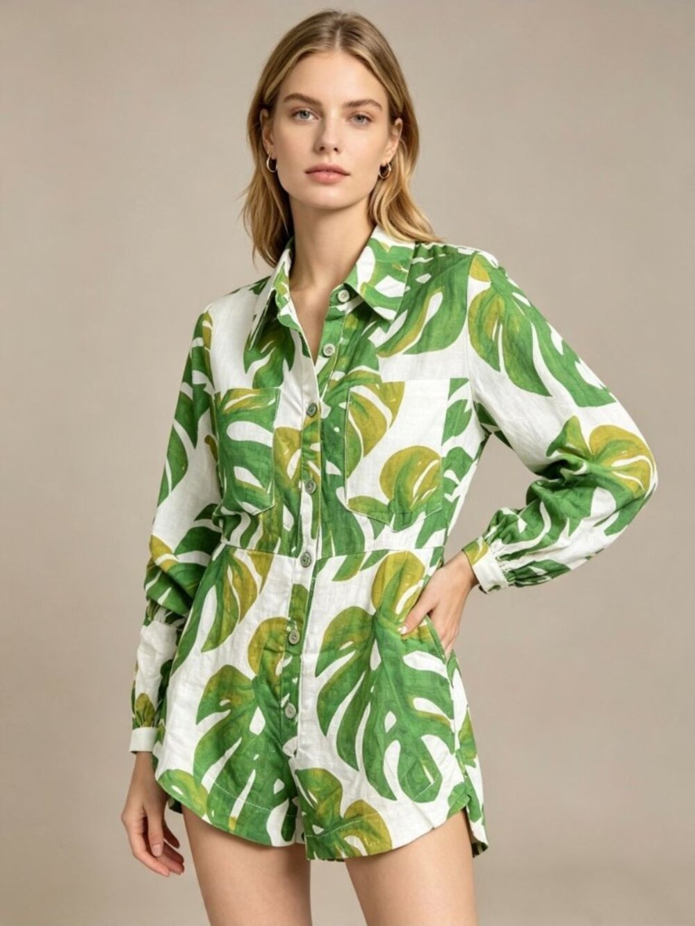 NWOT Farm Rio Linen Blend White Monstera Long Sleeve Romper Size M - Picture 1 of 11